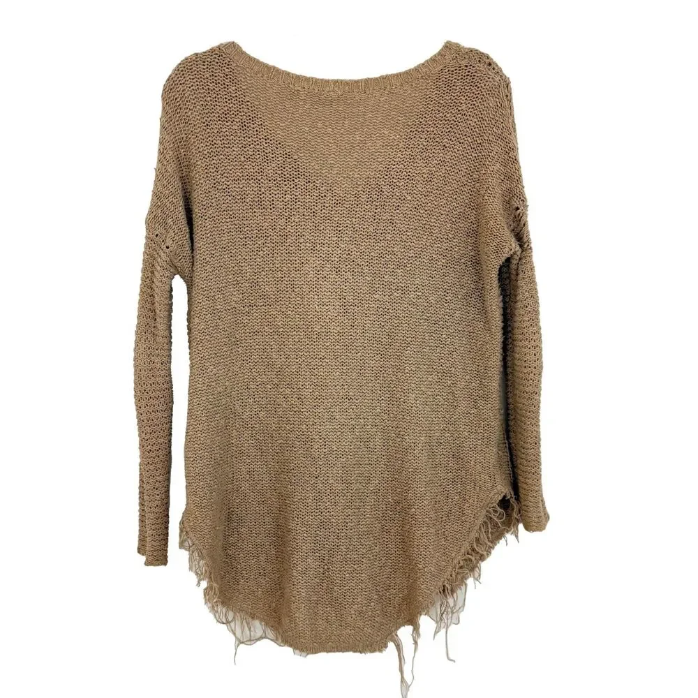 FREE PEOPLE Cross My Heart Knit Tunic Sweater XS Fringe Oversized Tan EUC B72